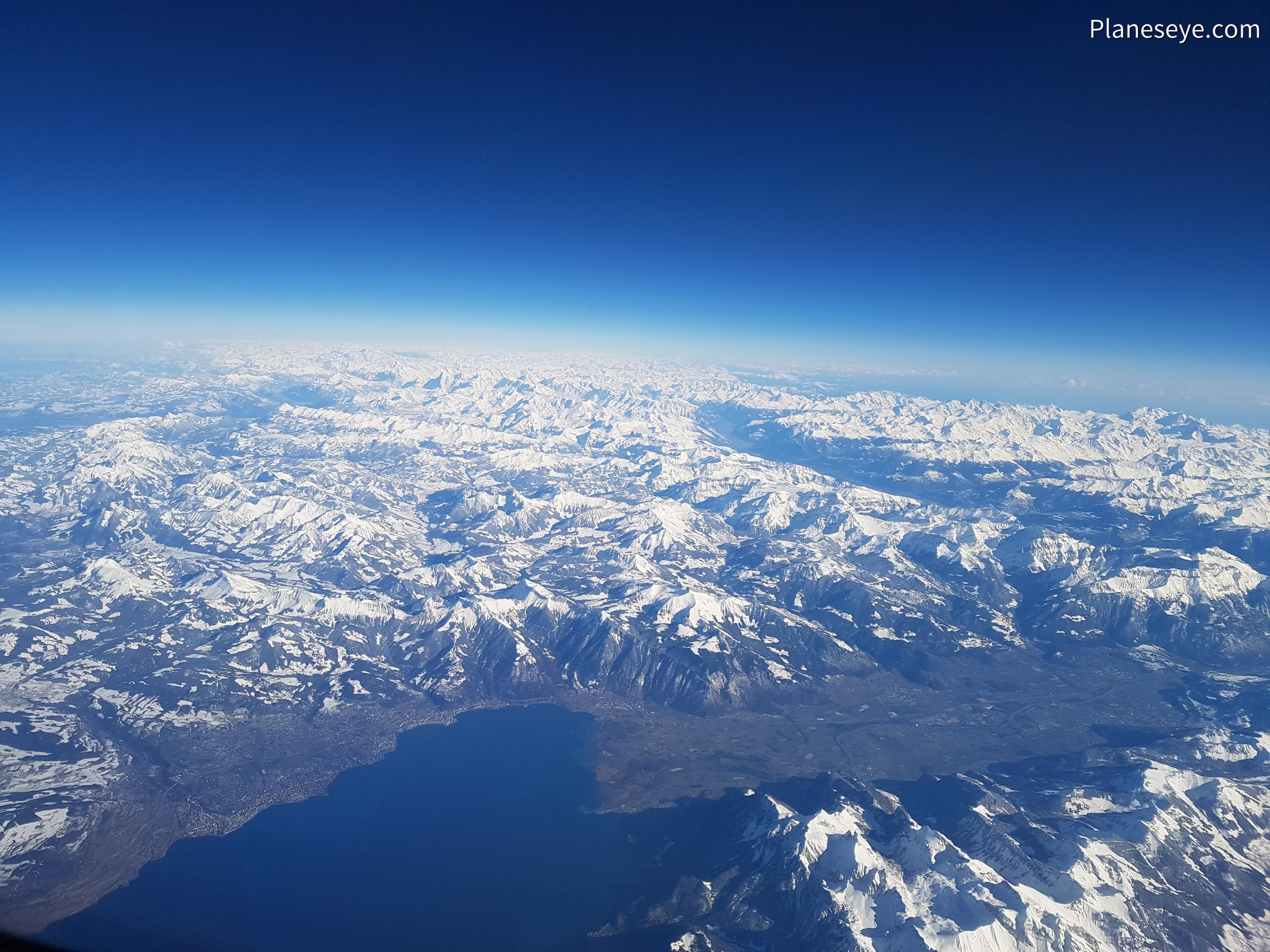 Alps from the West during daytime, Eastern part of Lake Geneva