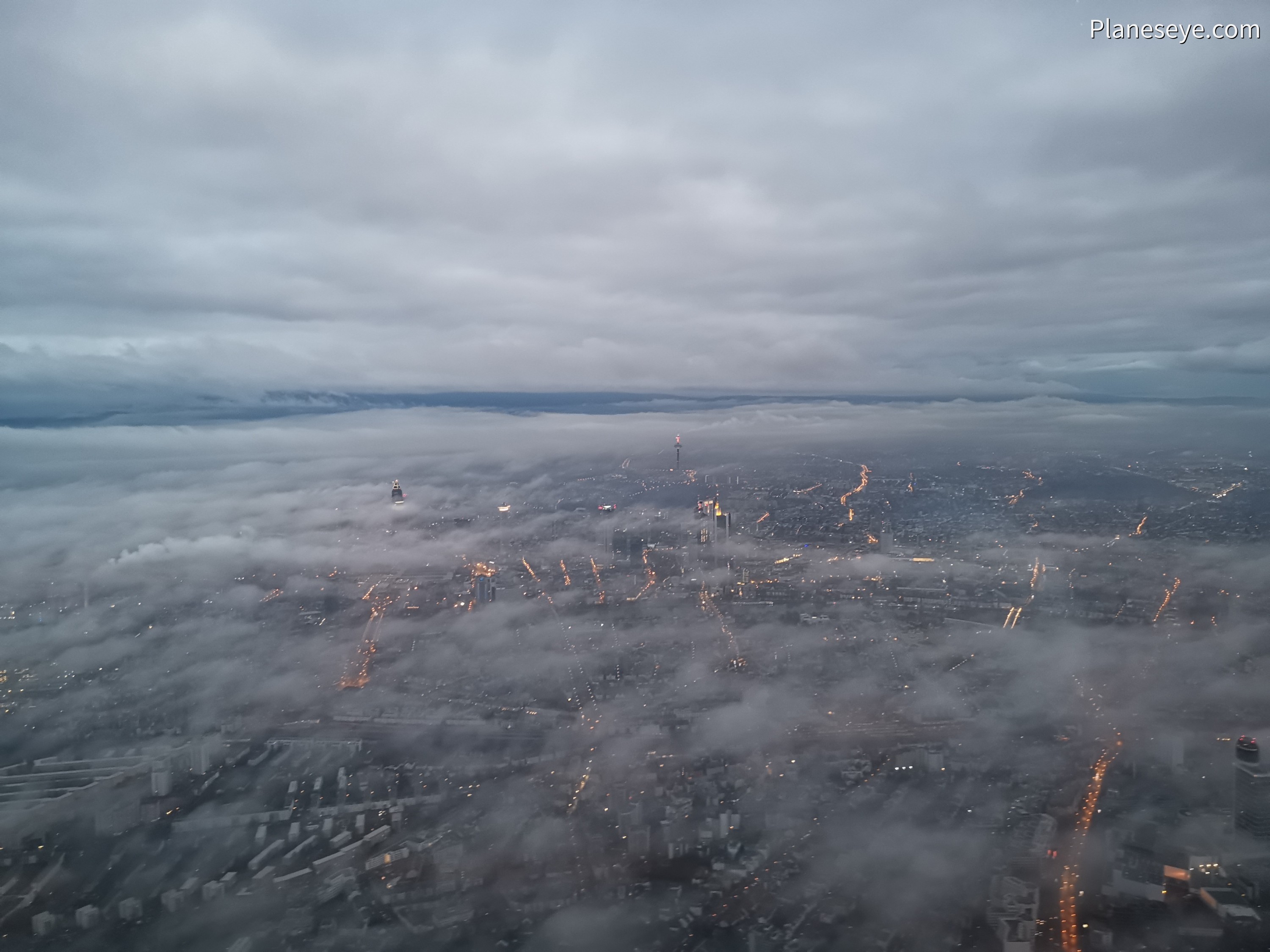 Frankfurt skyscrapers through the clouds